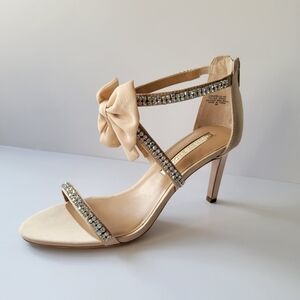 𝅺Audrey Brooke Cinderella Beige Satin High Heels Sandal NWT